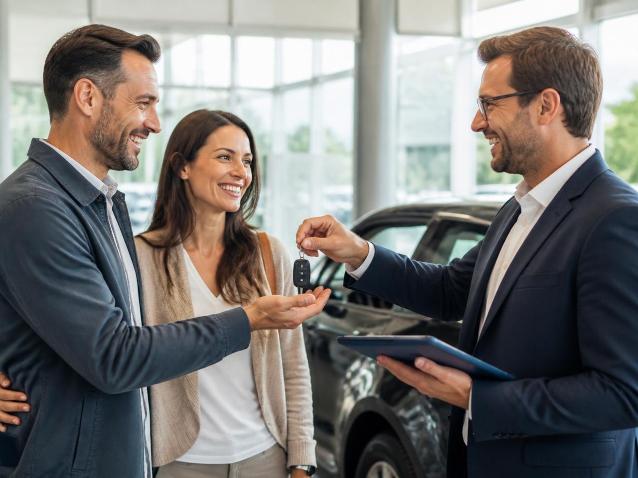 Australian couple being handed the keys to their new car by a friendly finance broker